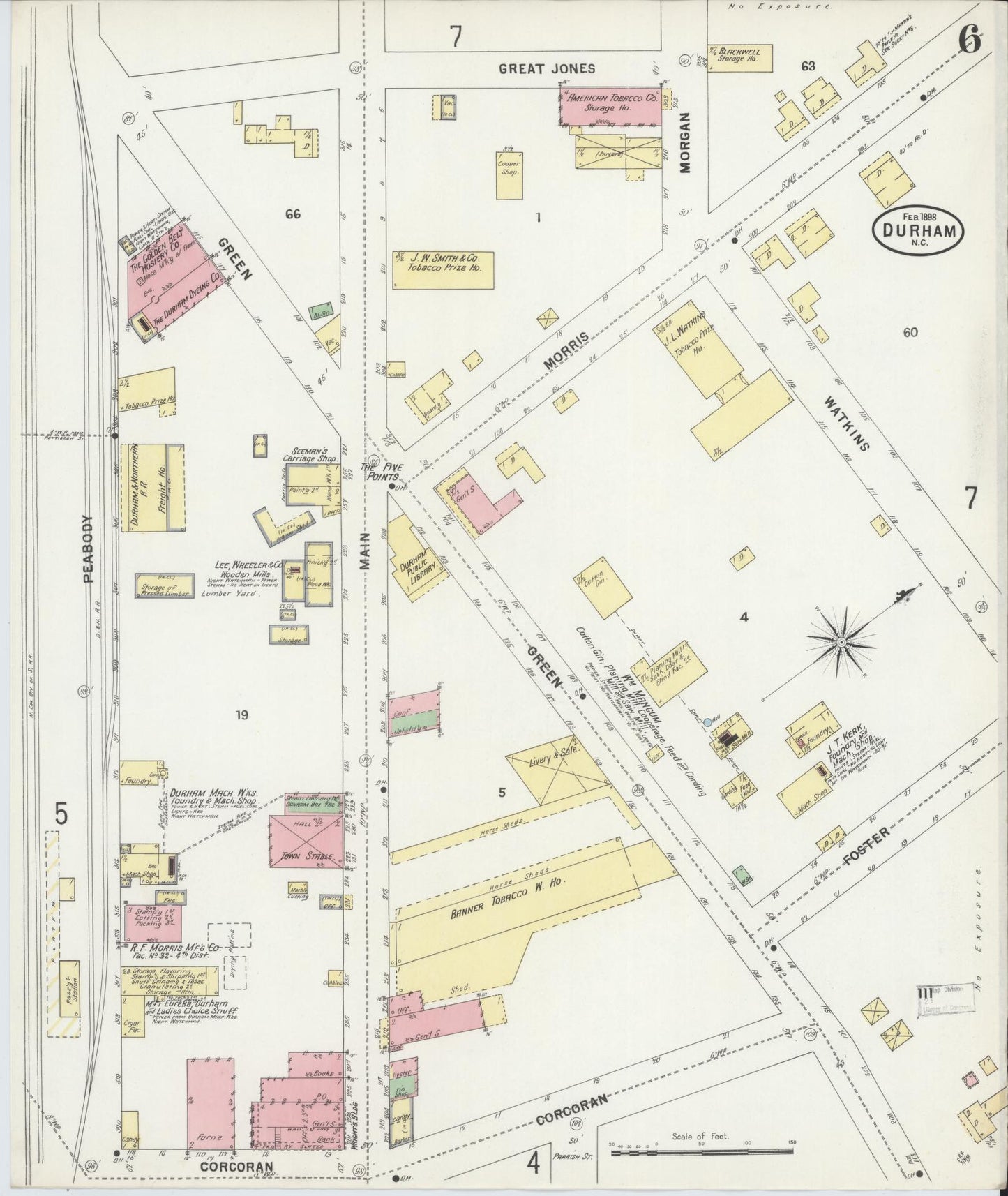 Sanborn Fire Insurance Map from Durham, Durham County, North Carolina (1898), Sheet #0006 - Complete Map Set gallery image, historic Sanborn map, vintage wall art, North Carolina North Carolina