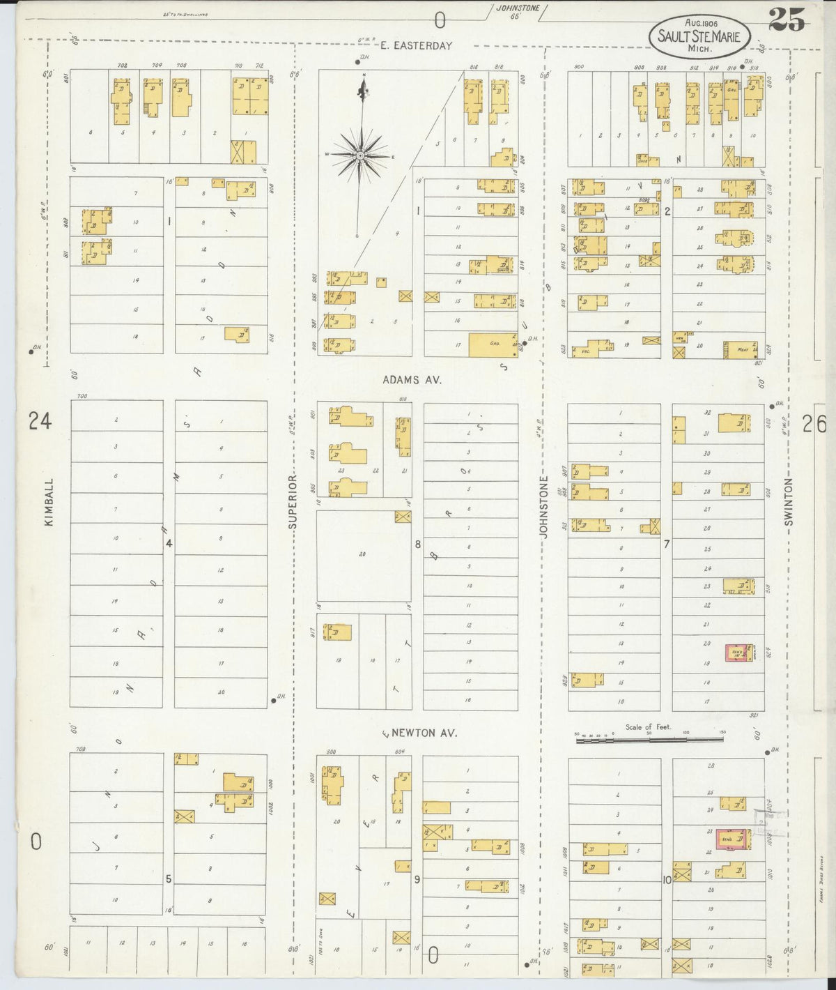 Sanborn Fire Insurance Map from Sault Sainte Marie, Chippewa County, Michigan (1906), Sheet #0025 - Historic Sanborn Fire Insurance Map Print, vintage old map wall art, antique decor, genealogy gift, Michigan Michigan map