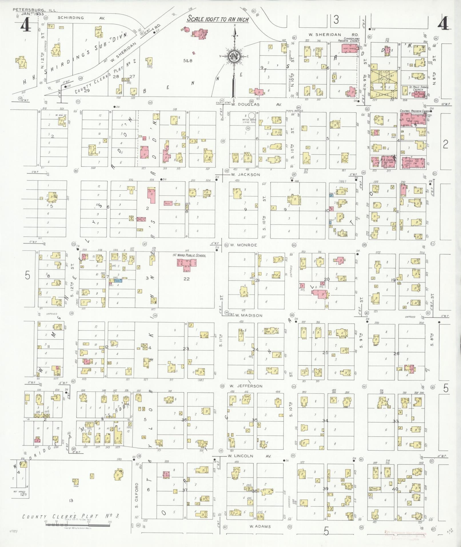 Sanborn Fire Insurance Map from Petersburg, Menard County, Illinois (1933), Sheet #0004 - Complete Map Set gallery image, historic Sanborn map, vintage wall art, Illinois Illinois