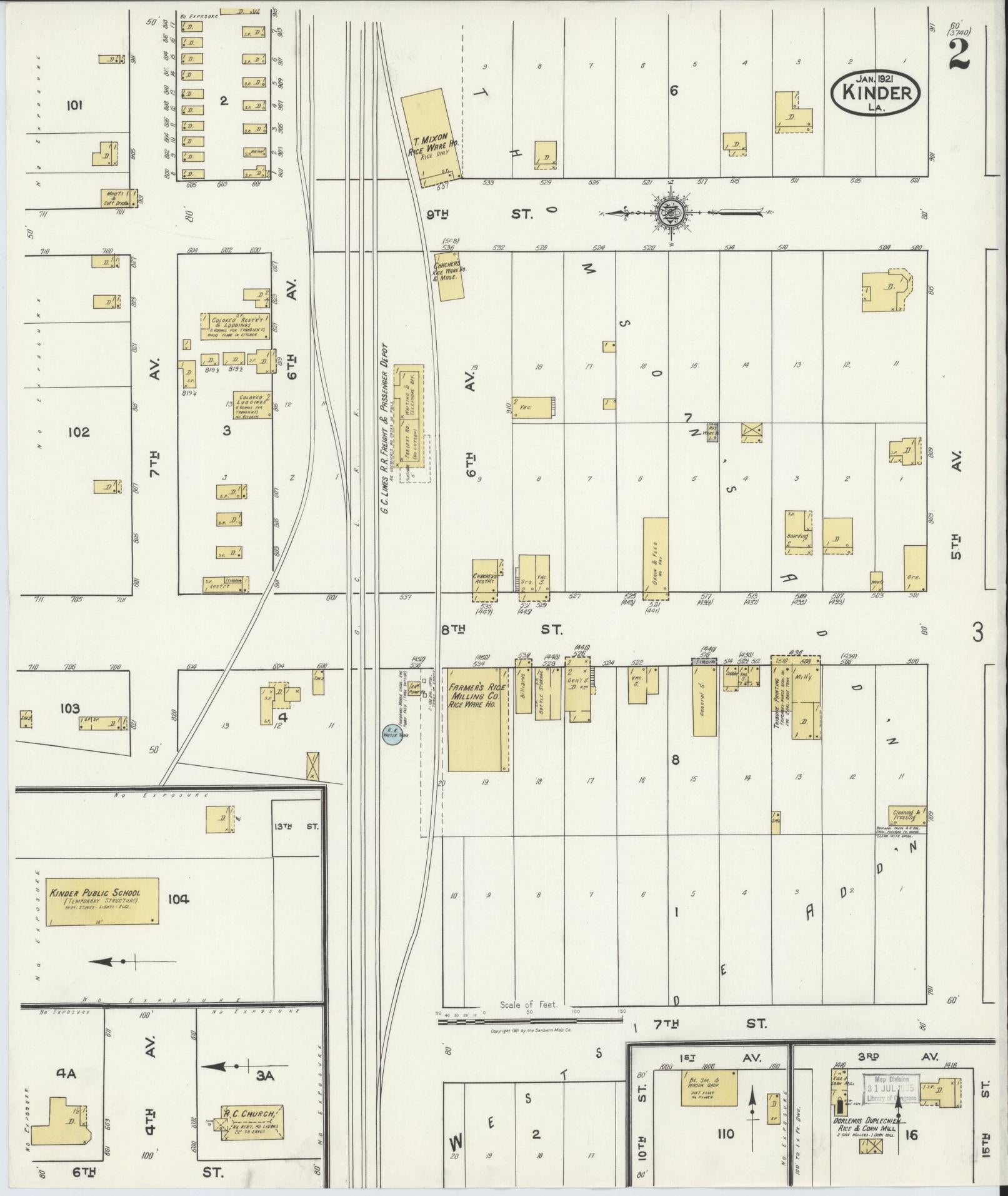 Sanborn Fire Insurance Map from Kinder, Allen Parish, Louisiana (1921), Sheet #0002 - Historic Sanborn Fire Insurance Map Print, vintage old map wall art, antique decor, genealogy gift, Louisiana Louisiana map