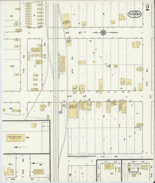 Sanborn Fire Insurance Map from Kinder, Allen Parish, Louisiana (1921), Sheet #0002 - Historic Sanborn Fire Insurance Map Print, vintage old map wall art, antique decor, genealogy gift, Louisiana Louisiana map