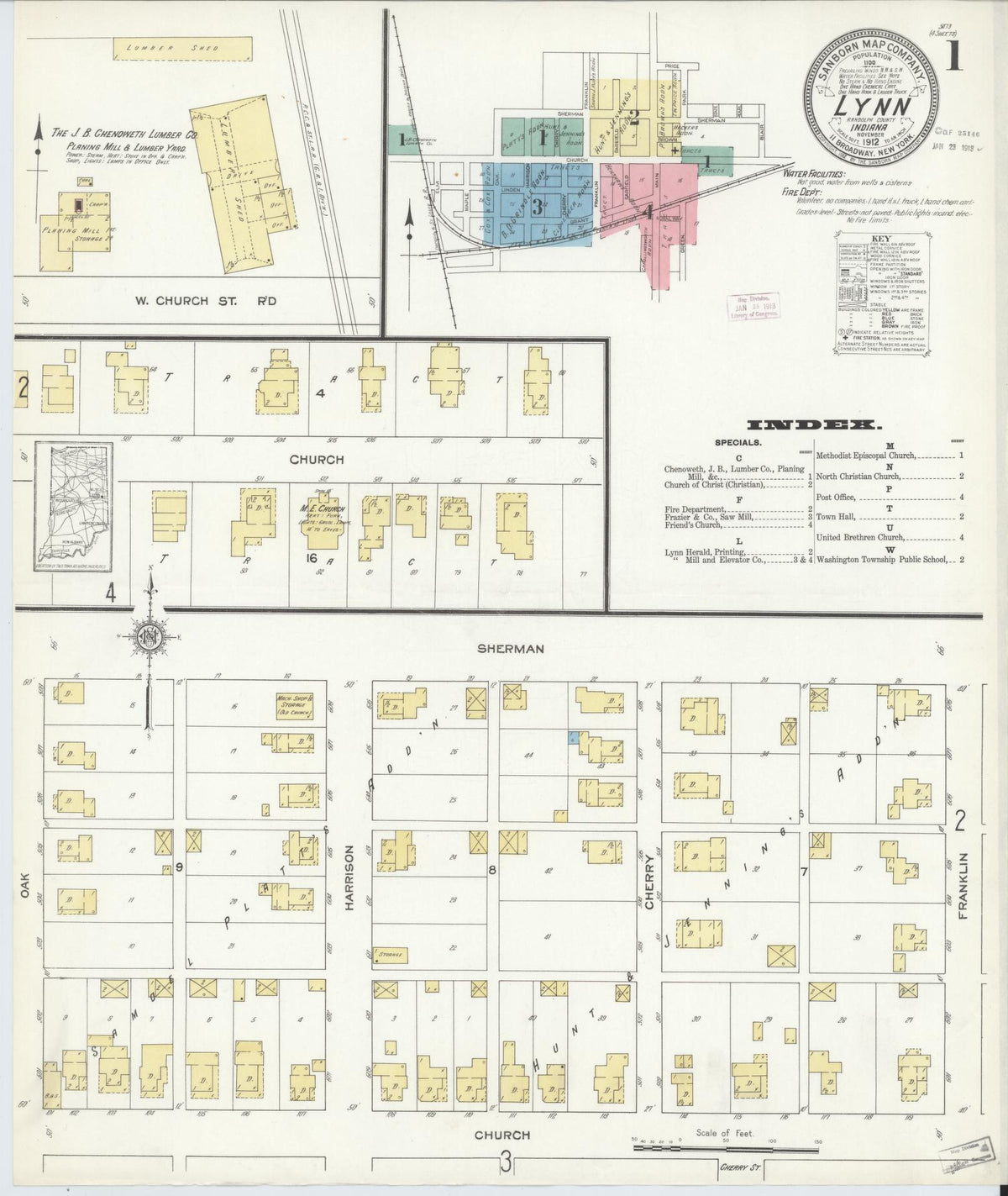 Sanborn Fire Insurance Map from Lynn, Randolph County, Indiana (1912), Sheet #0001 - Historic Sanborn Fire Insurance Map Print, vintage old map wall art, antique decor, genealogy gift, Indiana Indiana map
