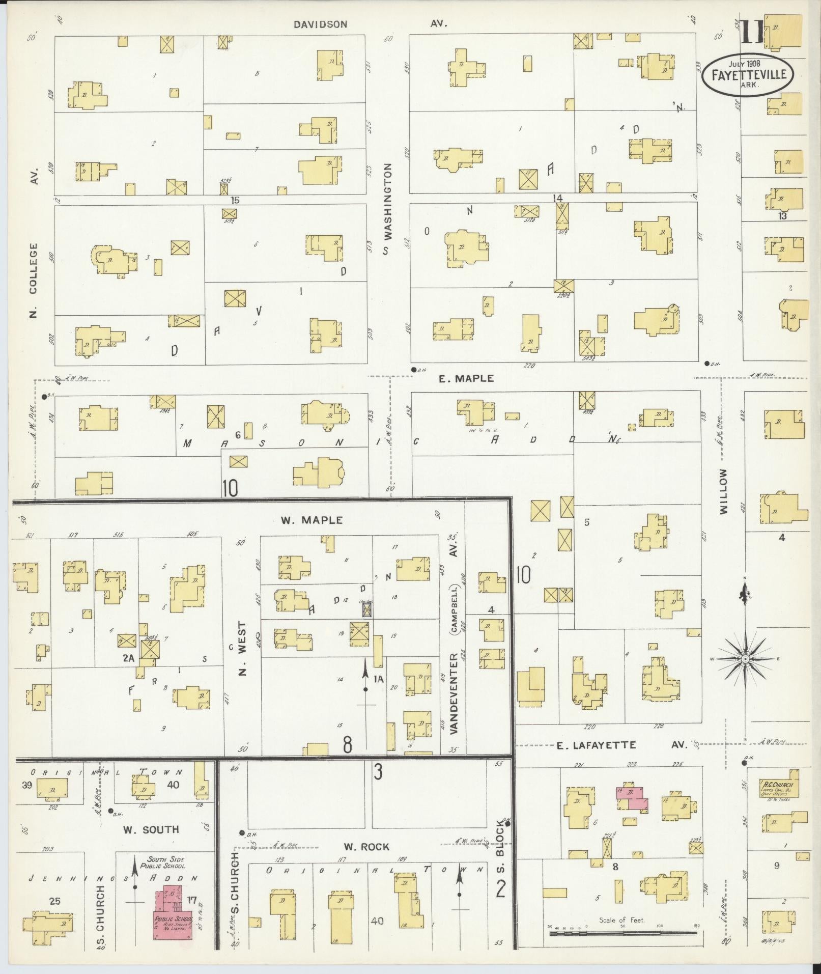 Sanborn Fire Insurance Map from Fayetteville, Washington County, Arkansas (1908), Sheet #0011 - Historic Sanborn Fire Insurance Map Print, vintage old map wall art, antique decor, genealogy gift, Arkansas Arkansas map