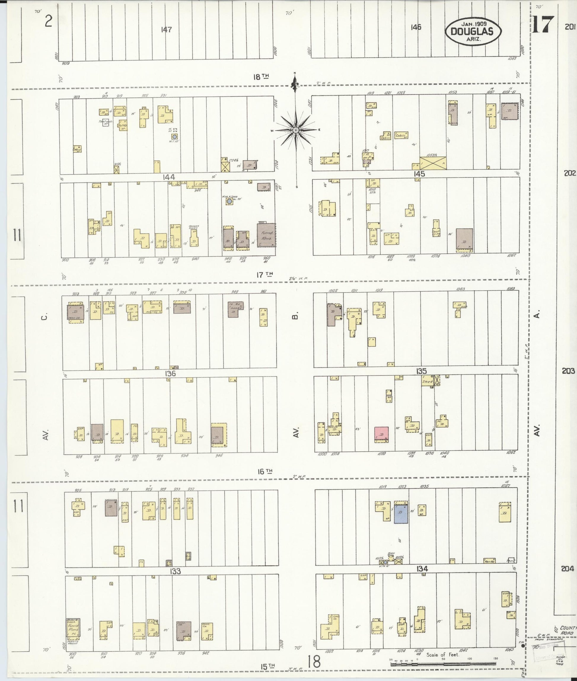 Sanborn Fire Insurance Map from Douglas, Cochise County, Arizona (1909), Sheet #0017 - Historic Sanborn Fire Insurance Map Print, vintage old map wall art, antique decor, genealogy gift, Arizona Arizona map