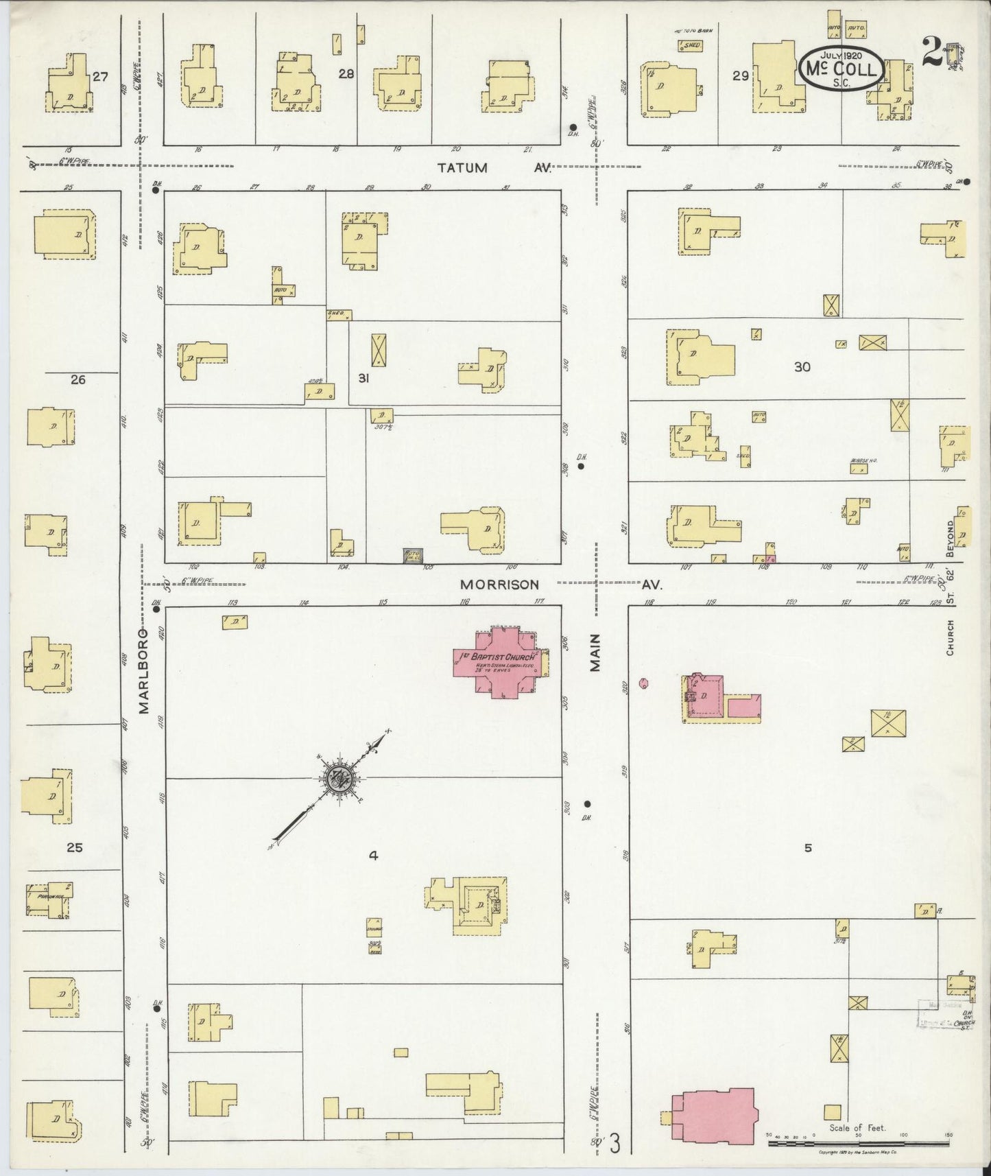 Sanborn Fire Insurance Map from McColl, Marlboro County, South Carolina (1920), Sheet #0002 - Historic Sanborn Fire Insurance Map Print, vintage old map wall art, antique decor, genealogy gift, South Carolina South Carolina map