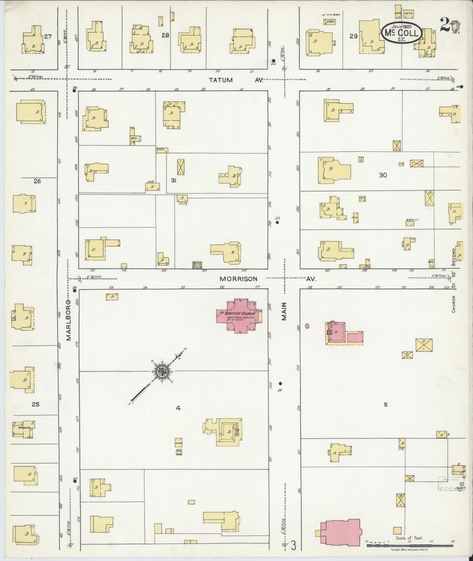 Sanborn Fire Insurance Map from McColl, Marlboro County, South Carolina (1920), Sheet #0002 - Historic Sanborn Fire Insurance Map Print, vintage old map wall art, antique decor, genealogy gift, South Carolina South Carolina map