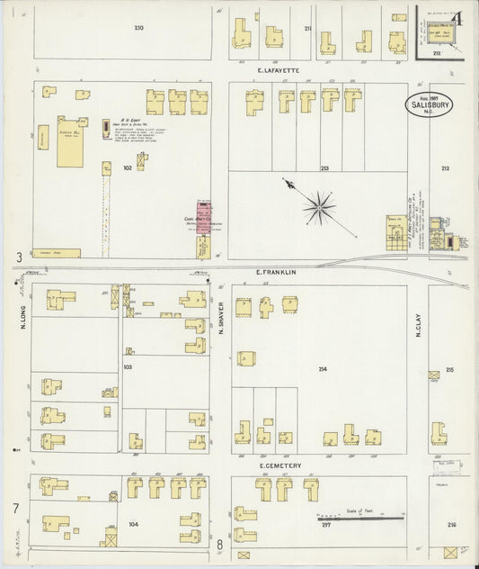 Sanborn Fire Insurance Map from Salisbury, Rowan County, North Carolina (1907), Sheet #0004 - Historic Sanborn Fire Insurance Map Print, vintage old map wall art, antique decor, genealogy gift, North Carolina North Carolina map