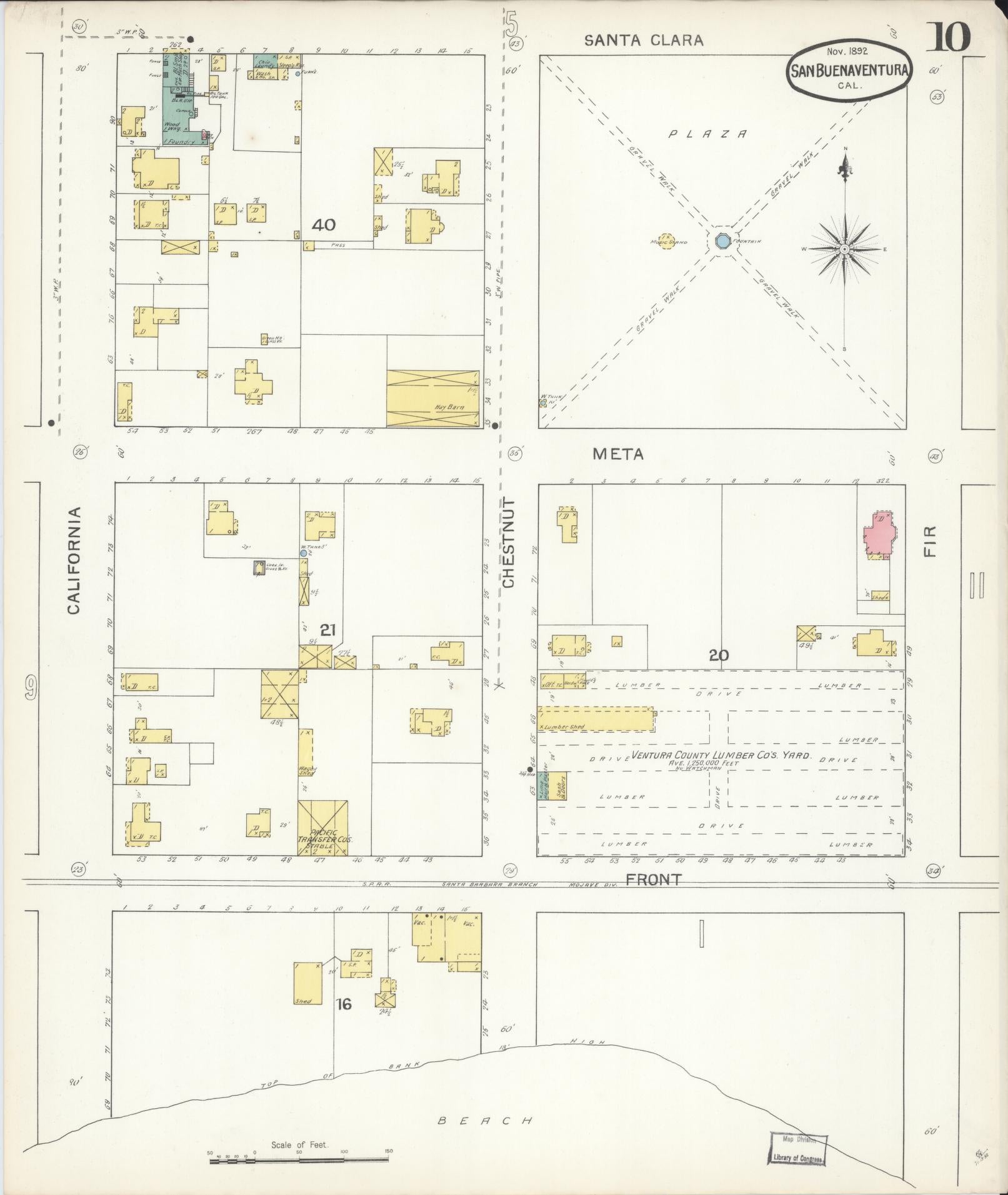 Sanborn Fire Insurance Map from San Buenaventura, Ventura County, California (1892), Sheet #0010 - Complete Map Set gallery image, historic Sanborn map, vintage wall art, California California
