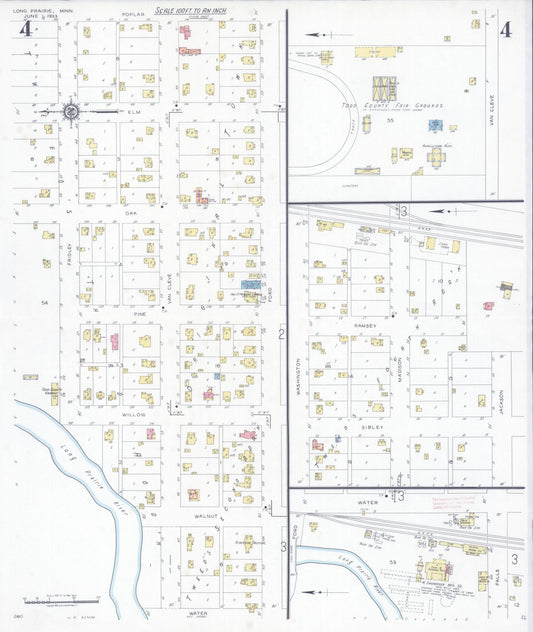 Sanborn Fire Insurance Map from Long Prairie, Todd County, Minnesota (1933), Sheet #0004 - Historic Sanborn Fire Insurance Map Print, vintage old map wall art, antique decor, genealogy gift, Minnesota Minnesota map