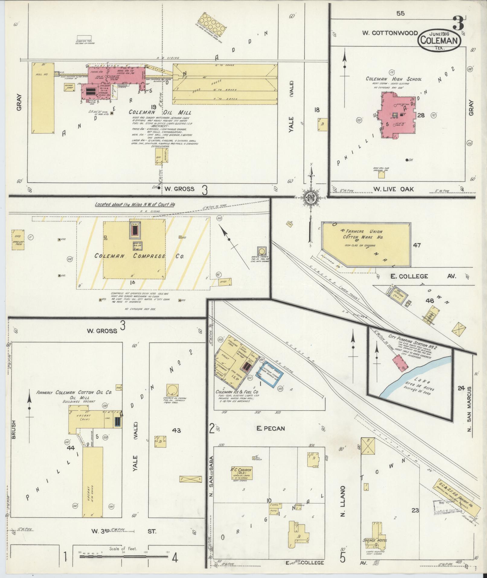 Sanborn Fire Insurance Map from Coleman, Coleman County, Texas (1916), Sheet #0003 - Historic Sanborn Fire Insurance Map Print, vintage old map wall art, antique decor, genealogy gift, Texas Texas map