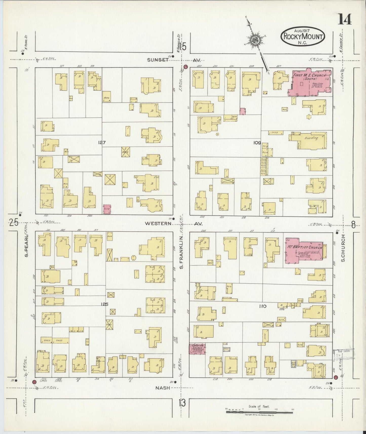 Sanborn Fire Insurance Map from Rocky Mount, Edgecombe And Nash Counties, North Carolina (1917), Sheet #0014 - Complete Map Set gallery image, historic Sanborn map, vintage wall art, North Carolina North Carolina