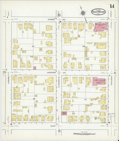 Sanborn Fire Insurance Map from Rocky Mount, Edgecombe And Nash Counties, North Carolina (1917), Sheet #0014 - Complete Map Set gallery image, historic Sanborn map, vintage wall art, North Carolina North Carolina