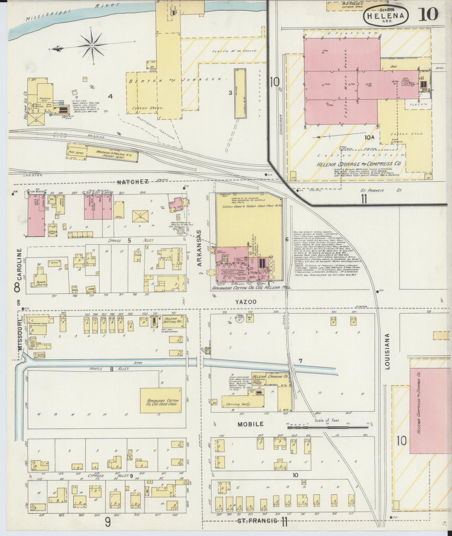 Sanborn Fire Insurance Map from Helena, Phillips County, Arkansas (1896), Sheet #0010 - Historic Sanborn Fire Insurance Map Print, vintage old map wall art, antique decor, genealogy gift, Arkansas Arkansas map