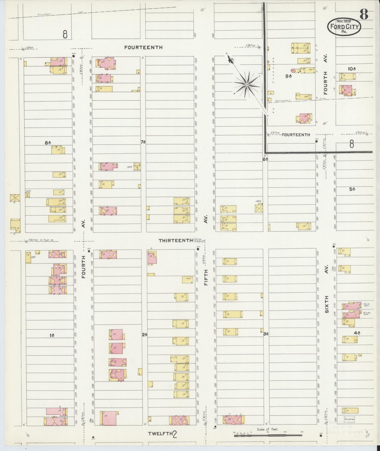 Sanborn Fire Insurance Map from Ford City, Armstrong County, Pennsylvania (1908), Sheet #0008 - Historic Sanborn Fire Insurance Map Print, vintage old map wall art, antique decor, genealogy gift, Pennsylvania Pennsylvania map