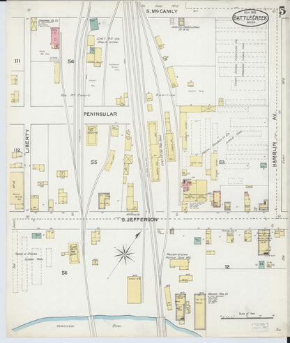 Sanborn Fire Insurance Map from Battle Creek, Calhoun County, Michigan (1892), Sheet #0005 - Historic Sanborn Fire Insurance Map Print, vintage old map wall art, antique decor, genealogy gift, Michigan Michigan map