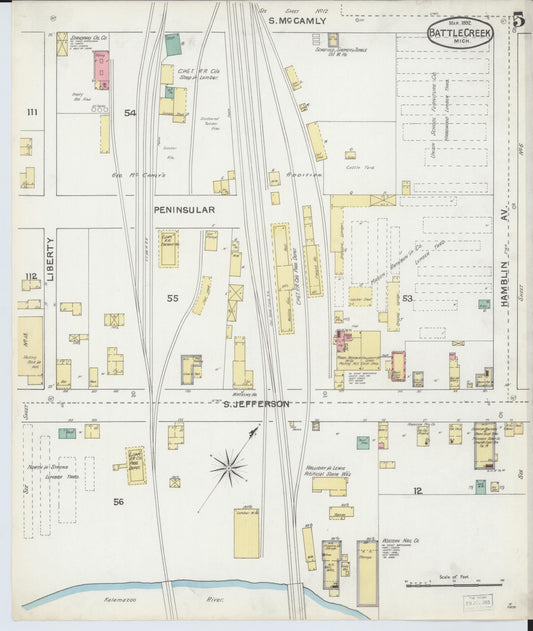 Sanborn Fire Insurance Map from Battle Creek, Calhoun County, Michigan (1892), Sheet #0005 - Historic Sanborn Fire Insurance Map Print, vintage old map wall art, antique decor, genealogy gift, Michigan Michigan map