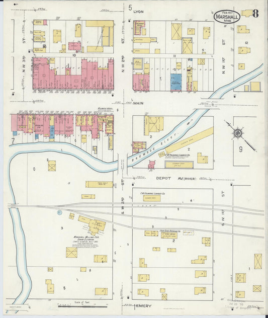 Sanborn Fire Insurance Map from Marshall, Lyon County, Minnesota (1917), Sheet #0008 - Historic Sanborn Fire Insurance Map Print, vintage old map wall art, antique decor, genealogy gift, Minnesota Minnesota map