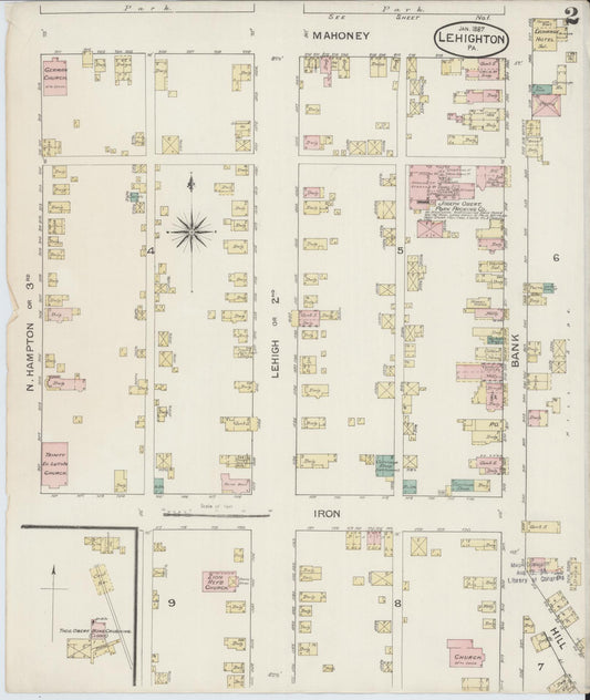 Sanborn Fire Insurance Map from Lehighton, Carbon County, Pennsylvania (1887), Sheet #0002 - Historic Sanborn Fire Insurance Map Print, vintage old map wall art, antique decor, genealogy gift, Pennsylvania Pennsylvania map