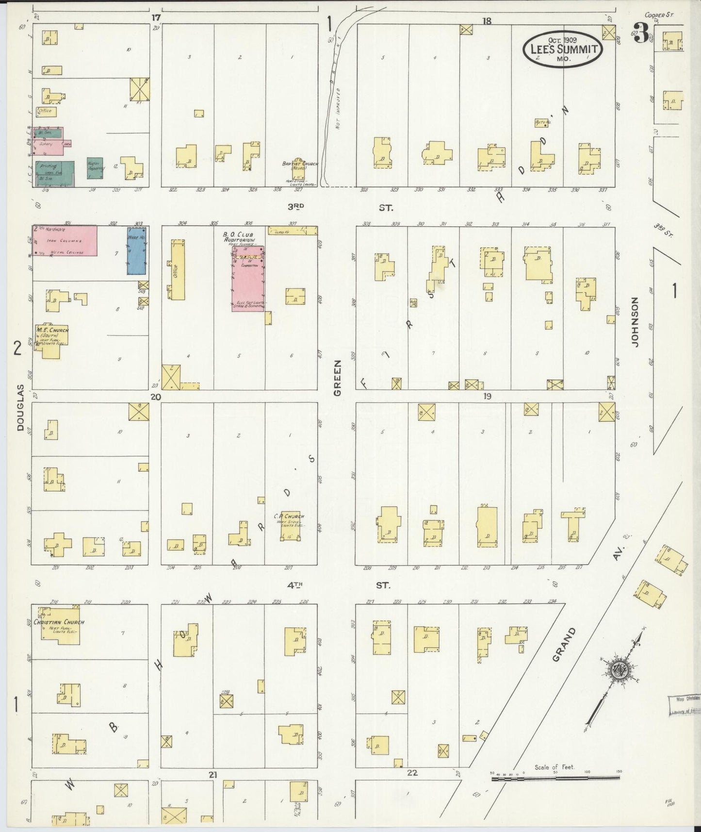 Sanborn Fire Insurance Map from Lee's Summit, Jackson County, Missouri (1909), Sheet #0003 - Historic Sanborn Fire Insurance Map Print, vintage old map wall art, antique decor, genealogy gift, Missouri Missouri map