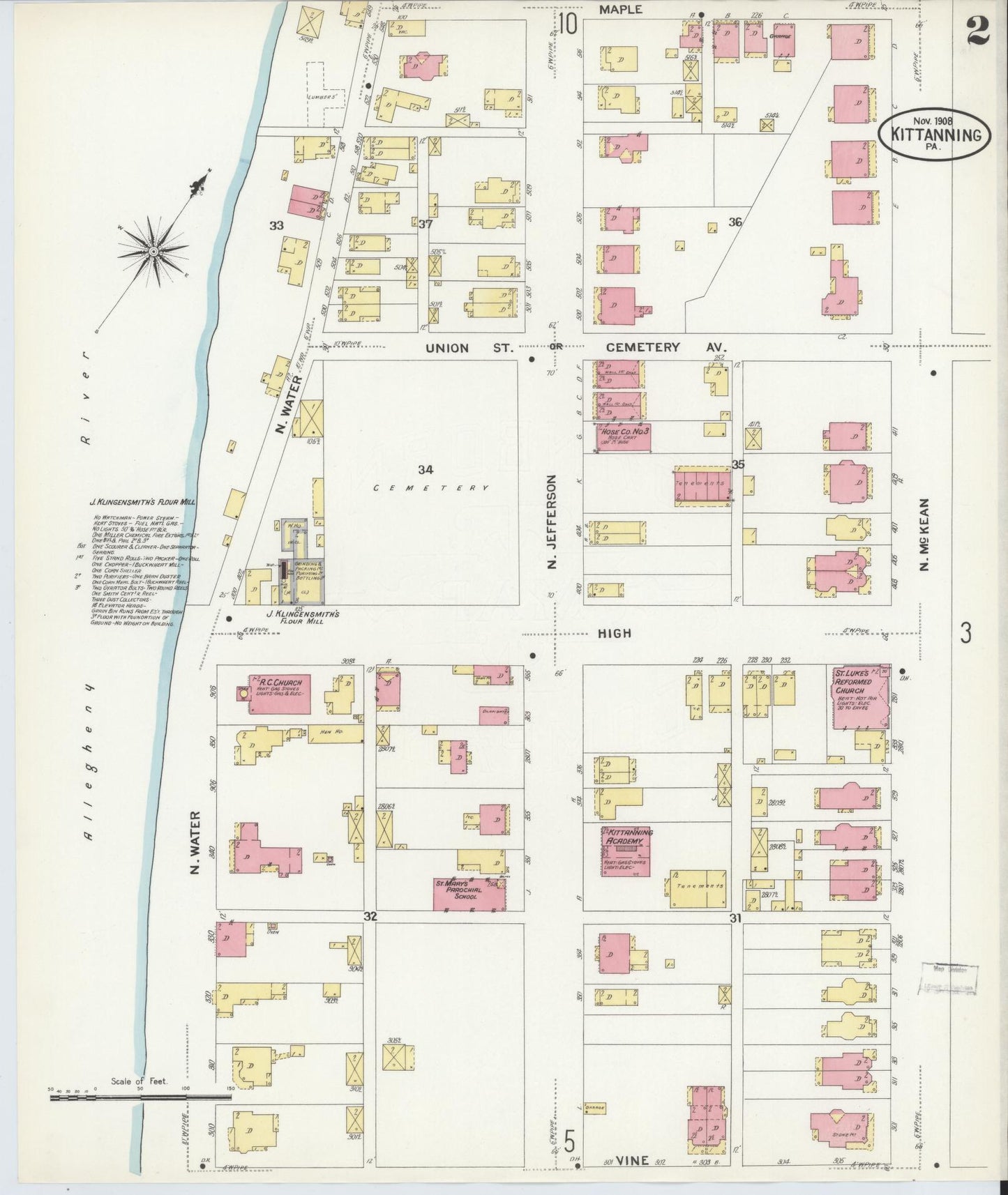 Sanborn Fire Insurance Map from Kittanning, Armstrong County, Pennsylvania (1909), Sheet #0002 - Complete Map Set gallery image, historic Sanborn map, vintage wall art, Pennsylvania Pennsylvania