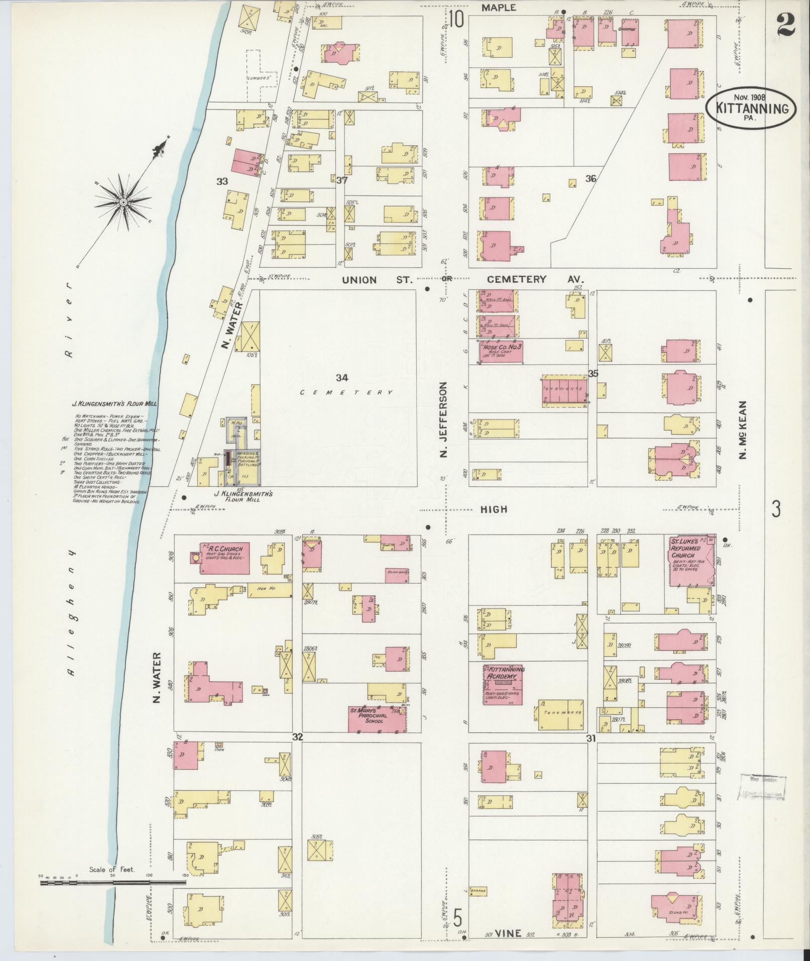 Sanborn Fire Insurance Map from Kittanning, Armstrong County, Pennsylvania (1909), Sheet #0002 - Complete Map Set gallery image, historic Sanborn map, vintage wall art, Pennsylvania Pennsylvania