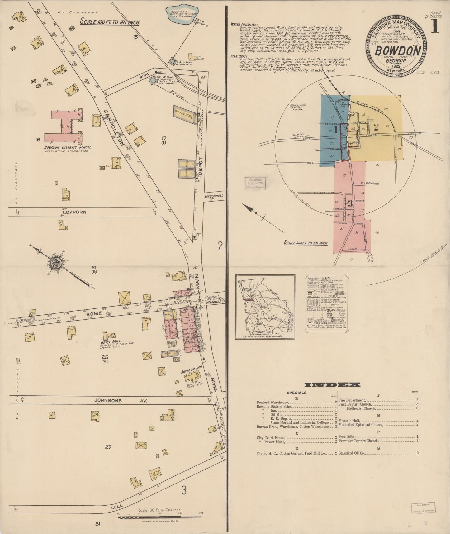 Sanborn Fire Insurance Map from Bowdon, Carroll County, Georgia (1922), Sheet #0001 - Complete Map Set gallery image, historic Sanborn map, vintage wall art, Georgia Georgia