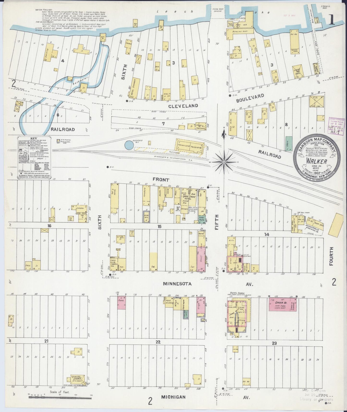 Sanborn Fire Insurance Map from Walker, Cass County, Minnesota (1907), Sheet #0001 - Complete Map Set gallery image, historic Sanborn map, vintage wall art, Minnesota Minnesota