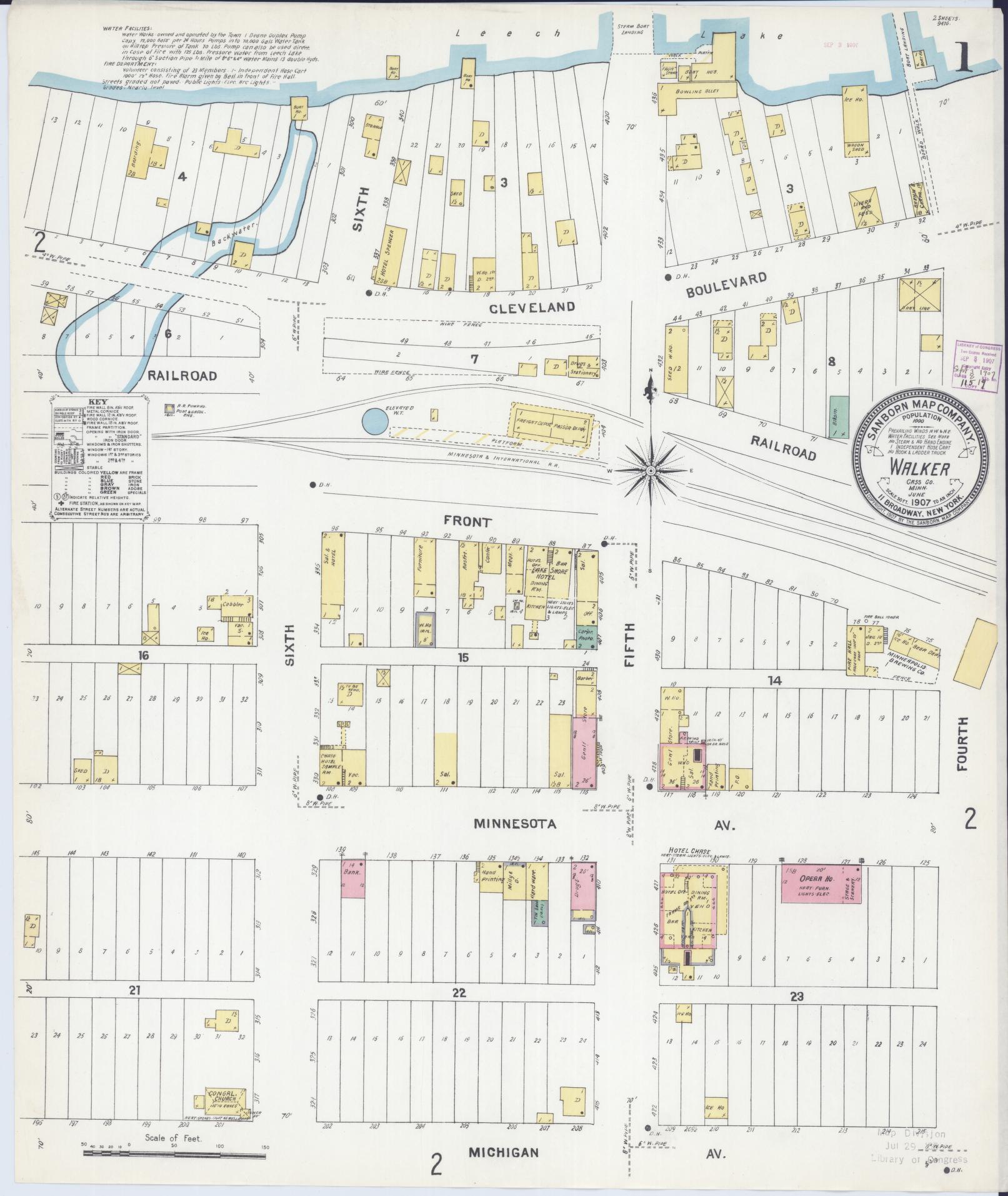 Sanborn Fire Insurance Map from Walker, Cass County, Minnesota (1907), Sheet #0001 - Complete Map Set gallery image, historic Sanborn map, vintage wall art, Minnesota Minnesota