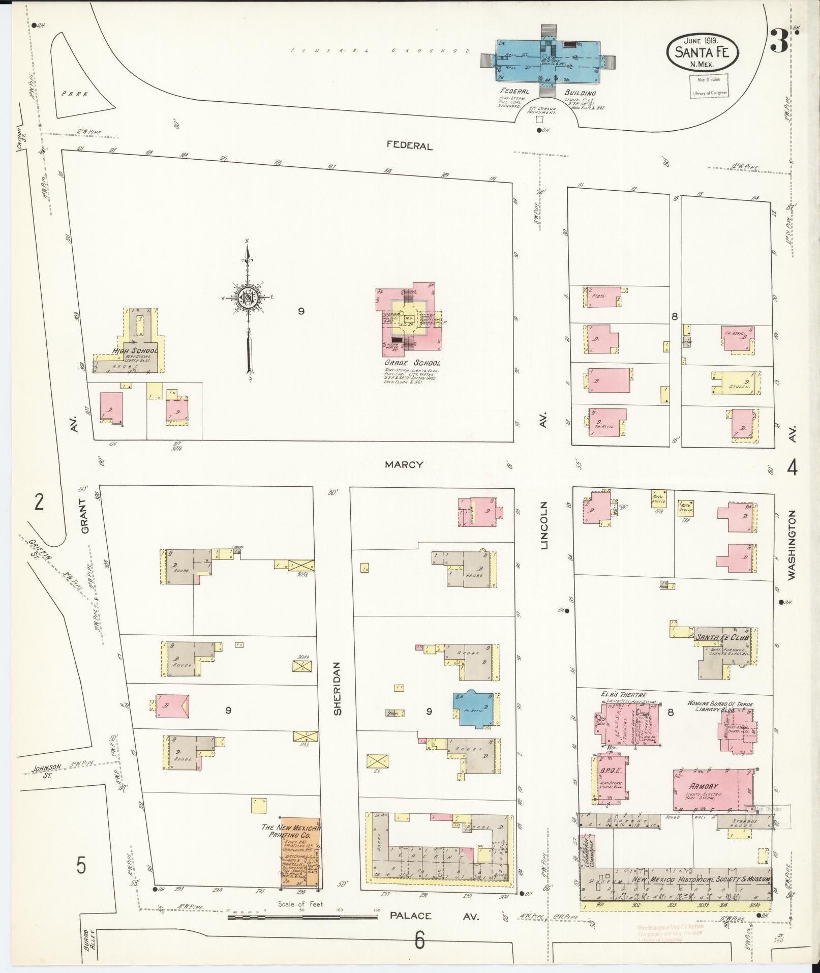 Sanborn Fire Insurance Map from Santa Fe, Santa Fe County, New Mexico (1913), Sheet #0003 - Complete Map Set gallery image, historic Sanborn map, vintage wall art, New Mexico New Mexico