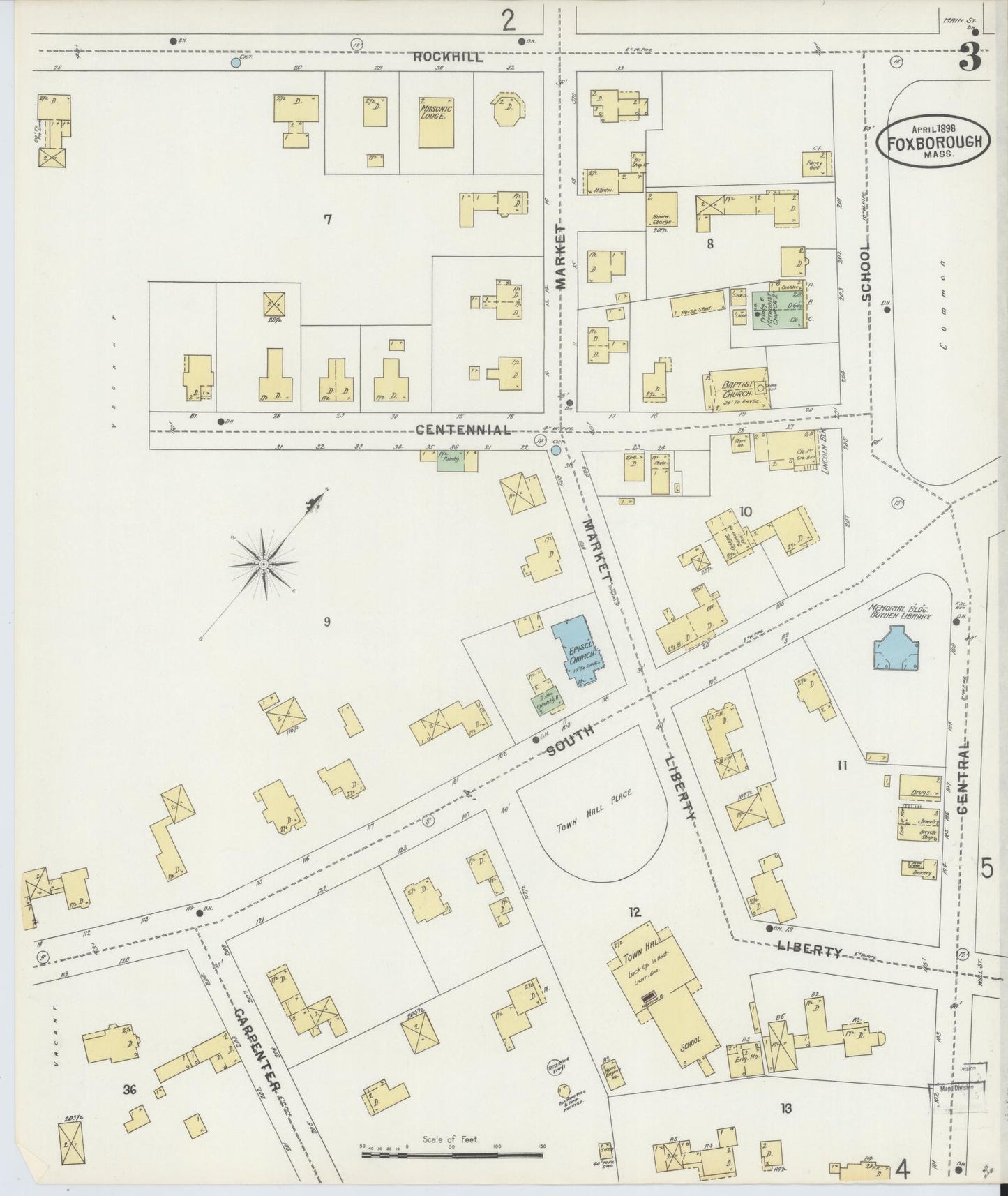 Sanborn Fire Insurance Map from Foxboro, Norfolk County, Massachusetts (1898), Sheet #0003 - Complete Map Set gallery image, historic Sanborn map, vintage wall art, Massachusetts Massachusetts
