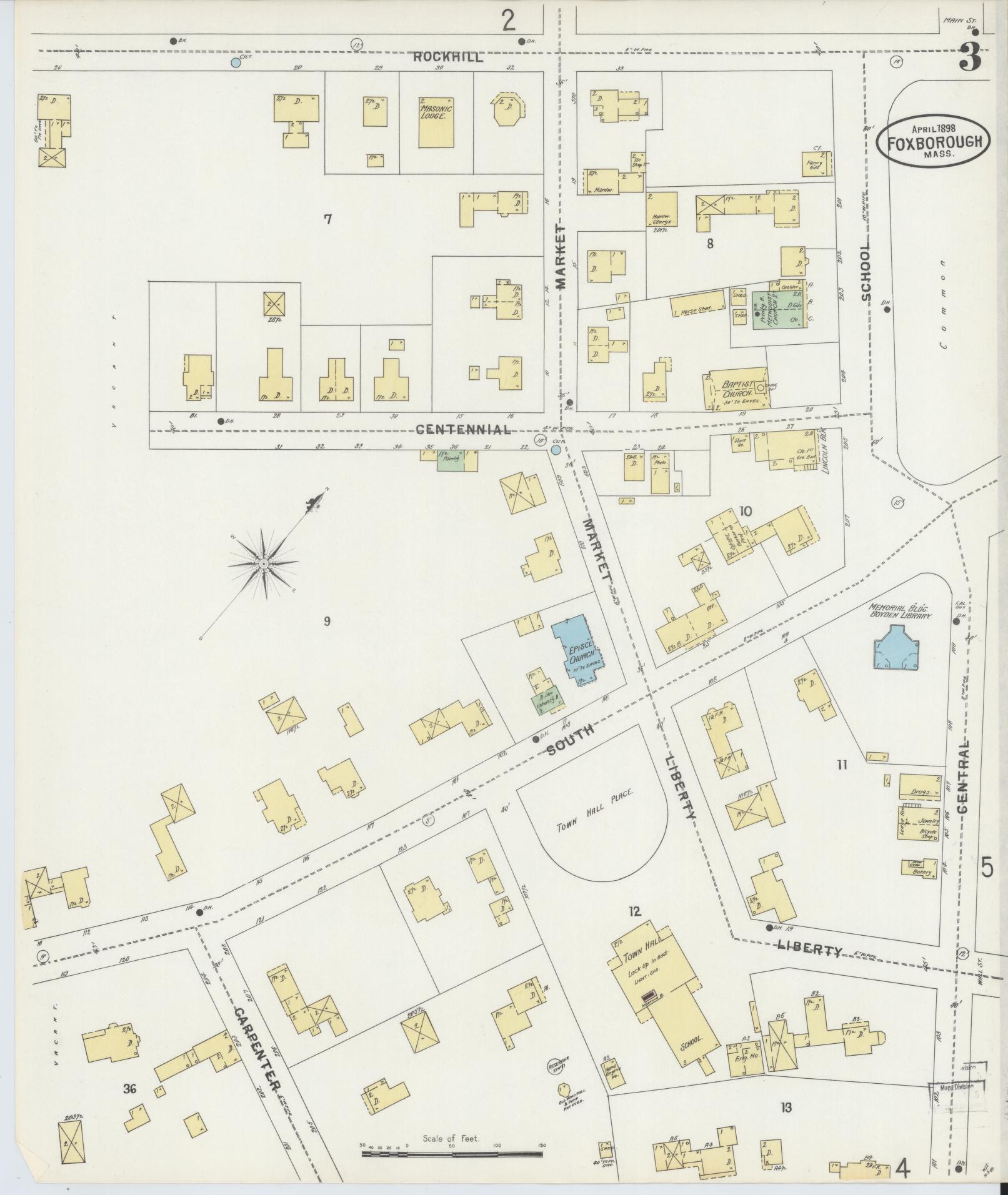 Sanborn Fire Insurance Map from Foxboro, Norfolk County, Massachusetts (1898), Sheet #0003 - Complete Map Set gallery image, historic Sanborn map, vintage wall art, Massachusetts Massachusetts