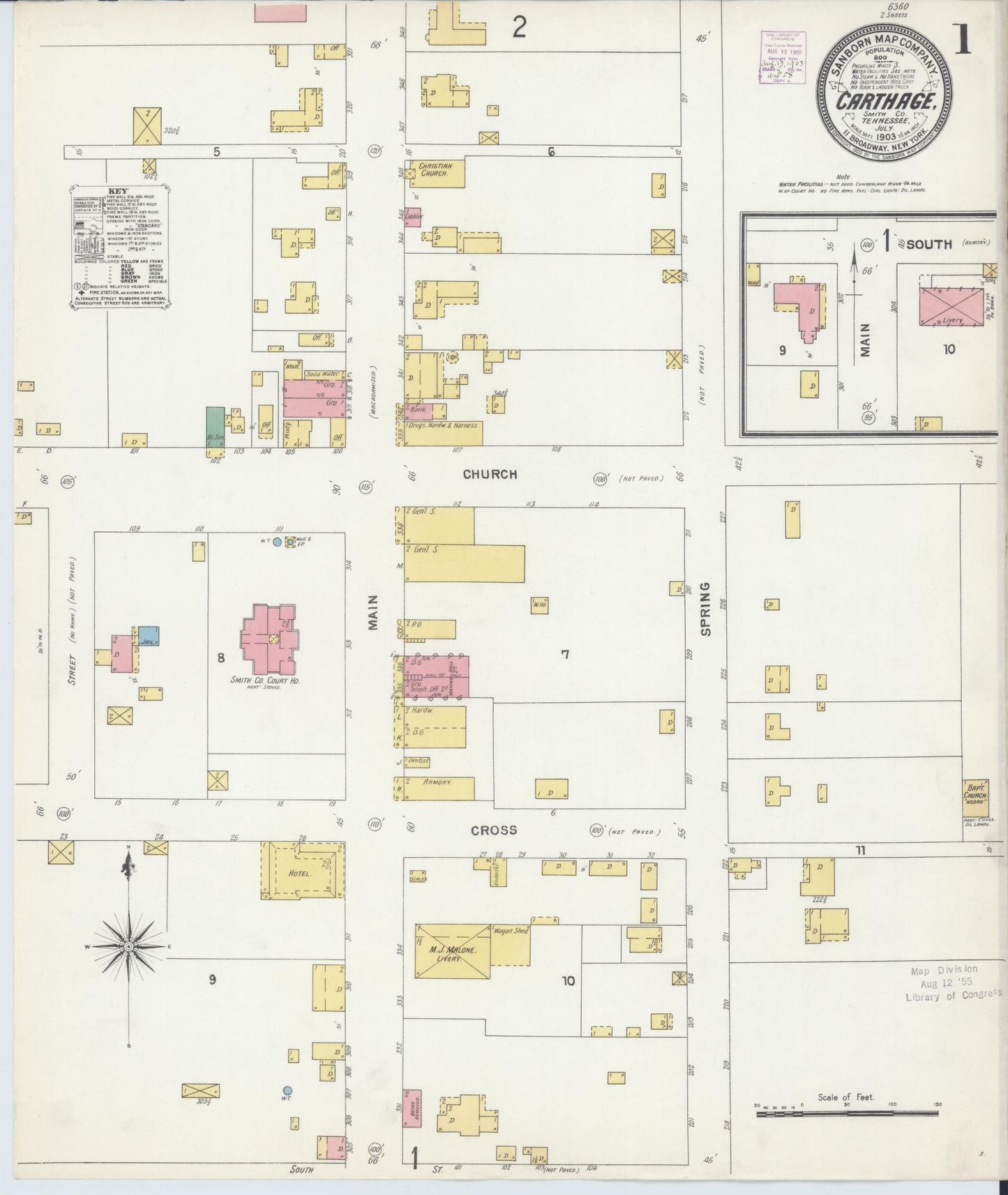 Sanborn Fire Insurance Map from Carthage, Smith County, Tennessee (1903), Sheet #0001 - Complete Map Set gallery image, historic Sanborn map, vintage wall art, Tennessee Tennessee