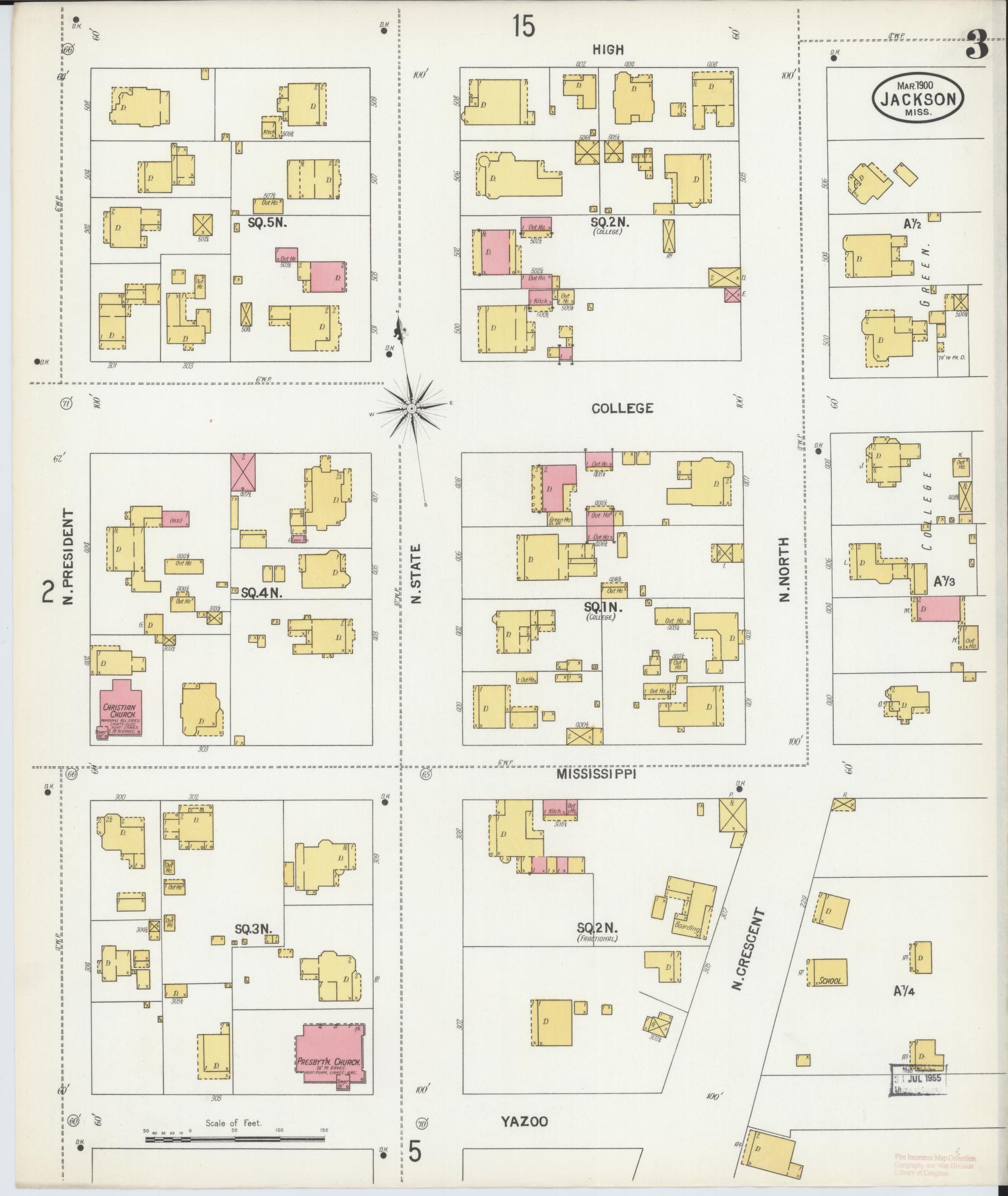 Sanborn Fire Insurance Map from Jackson, Hinds County, Mississippi (1900), Sheet #0003 - Complete Map Set gallery image, historic Sanborn map, vintage wall art, Mississippi Mississippi