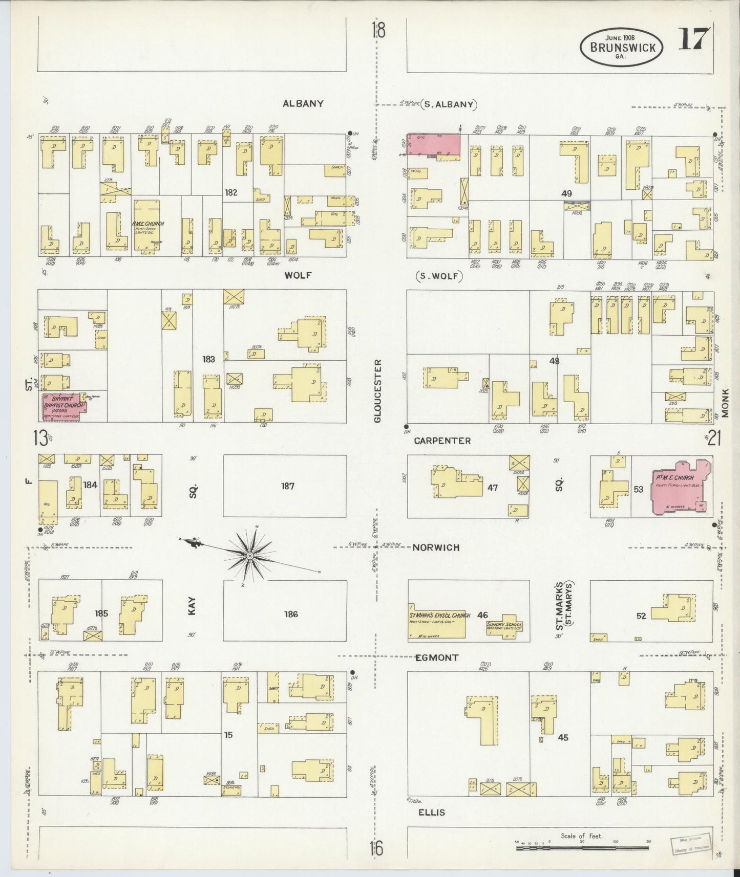 Sanborn Fire Insurance Map from Brunswick, Glynn County, Georgia (1908), Sheet #0017 - Complete Map Set gallery image, historic Sanborn map, vintage wall art, Georgia Georgia