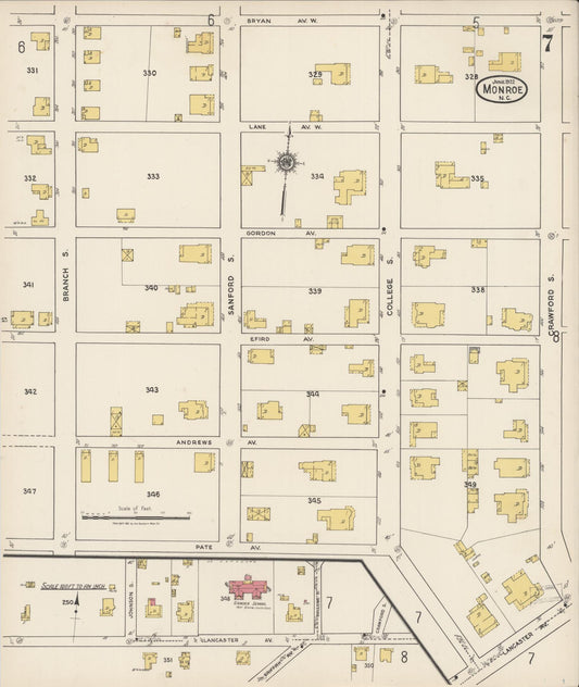 Sanborn Fire Insurance Map from Monroe, Union County, North Carolina (1922), Sheet #0007 - Historic Sanborn Fire Insurance Map Print, vintage old map wall art, antique decor, genealogy gift, North Carolina North Carolina map