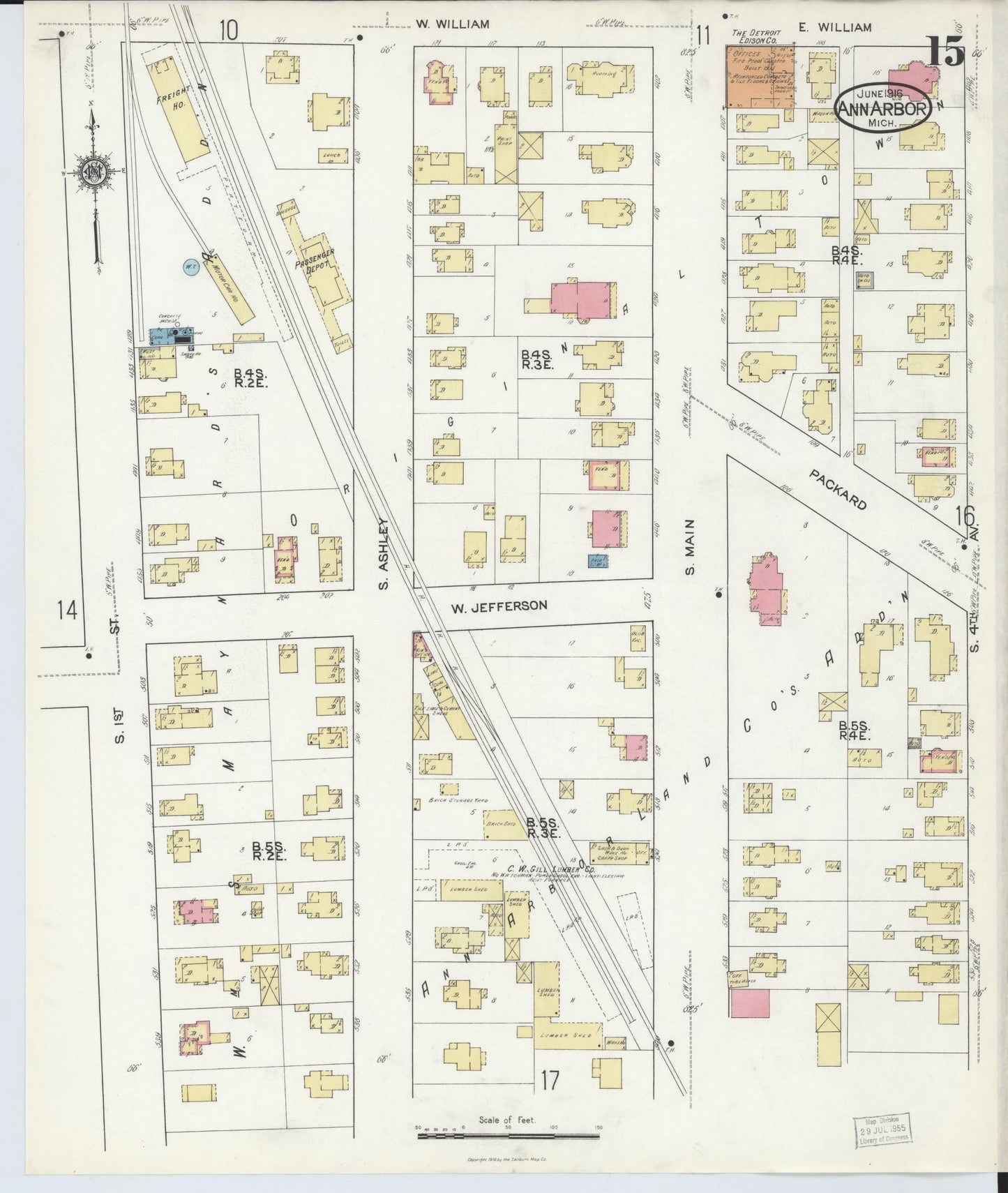 Sanborn Fire Insurance Map from Ann Arbor, Washtenaw County, Michigan (1916), Sheet #0015 - Historic Sanborn Fire Insurance Map Print, vintage old map wall art, antique decor, genealogy gift, Michigan Michigan map