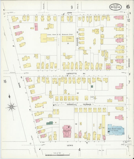 Sanborn Fire Insurance Map from Geneva, Ontario County, New York (1909), Sheet #0006 - Historic Sanborn Fire Insurance Map Print, vintage old map wall art, antique decor, genealogy gift, New York New York map