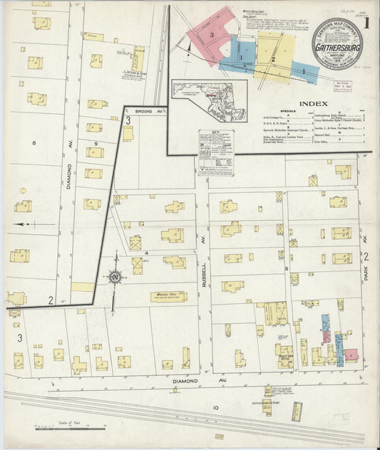 Sanborn Fire Insurance Map from Gaithersburg, Montgomery County, Maryland (1914), Sheet #0001 - Historic Sanborn Fire Insurance Map Print, vintage old map wall art