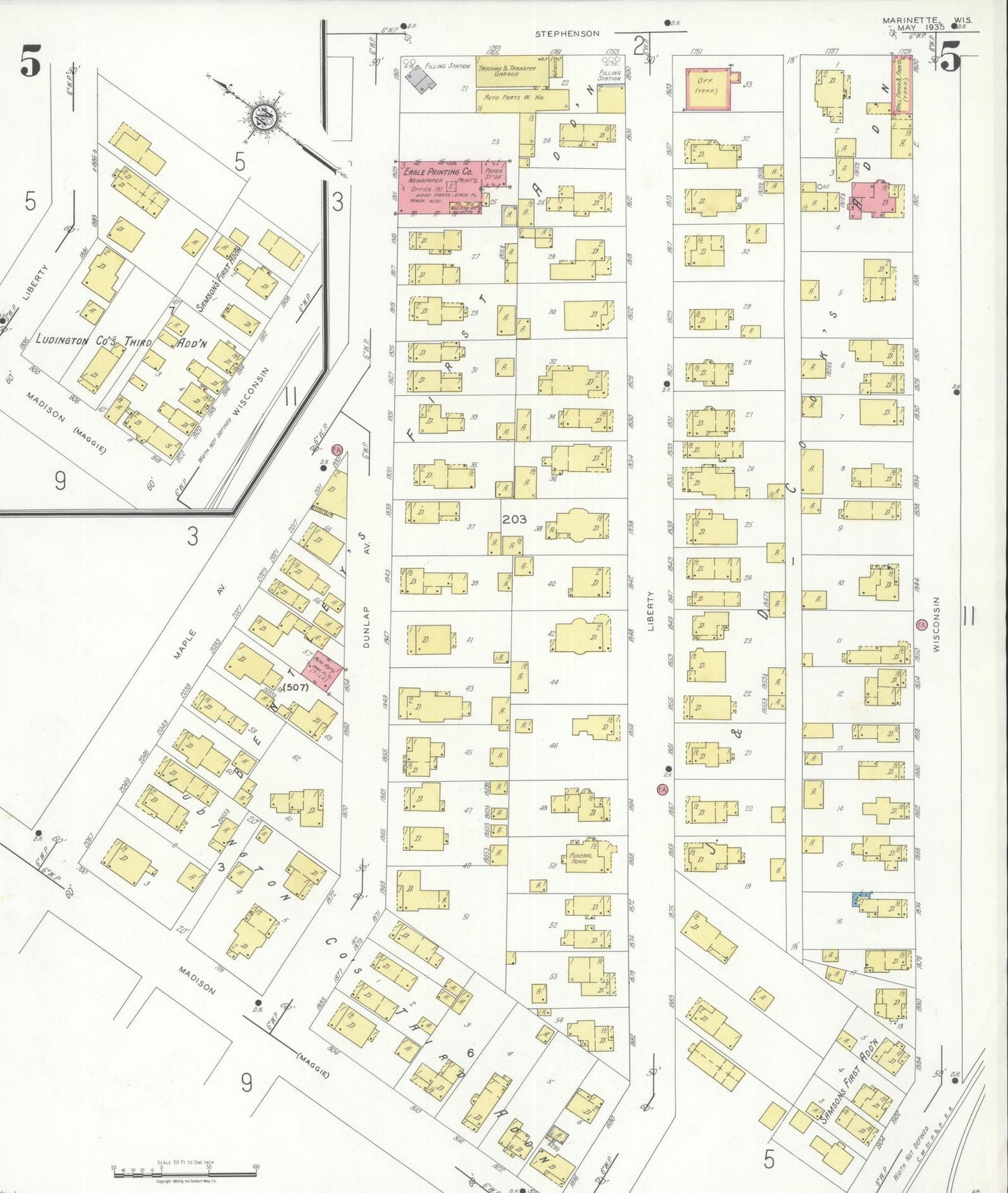 Sanborn Fire Insurance Map from Marinette, Marinette County, Wisconsin (1935), Sheet #0005 - Historic Sanborn Fire Insurance Map Print, vintage old map wall art, antique decor, genealogy gift, Wisconsin Wisconsin map