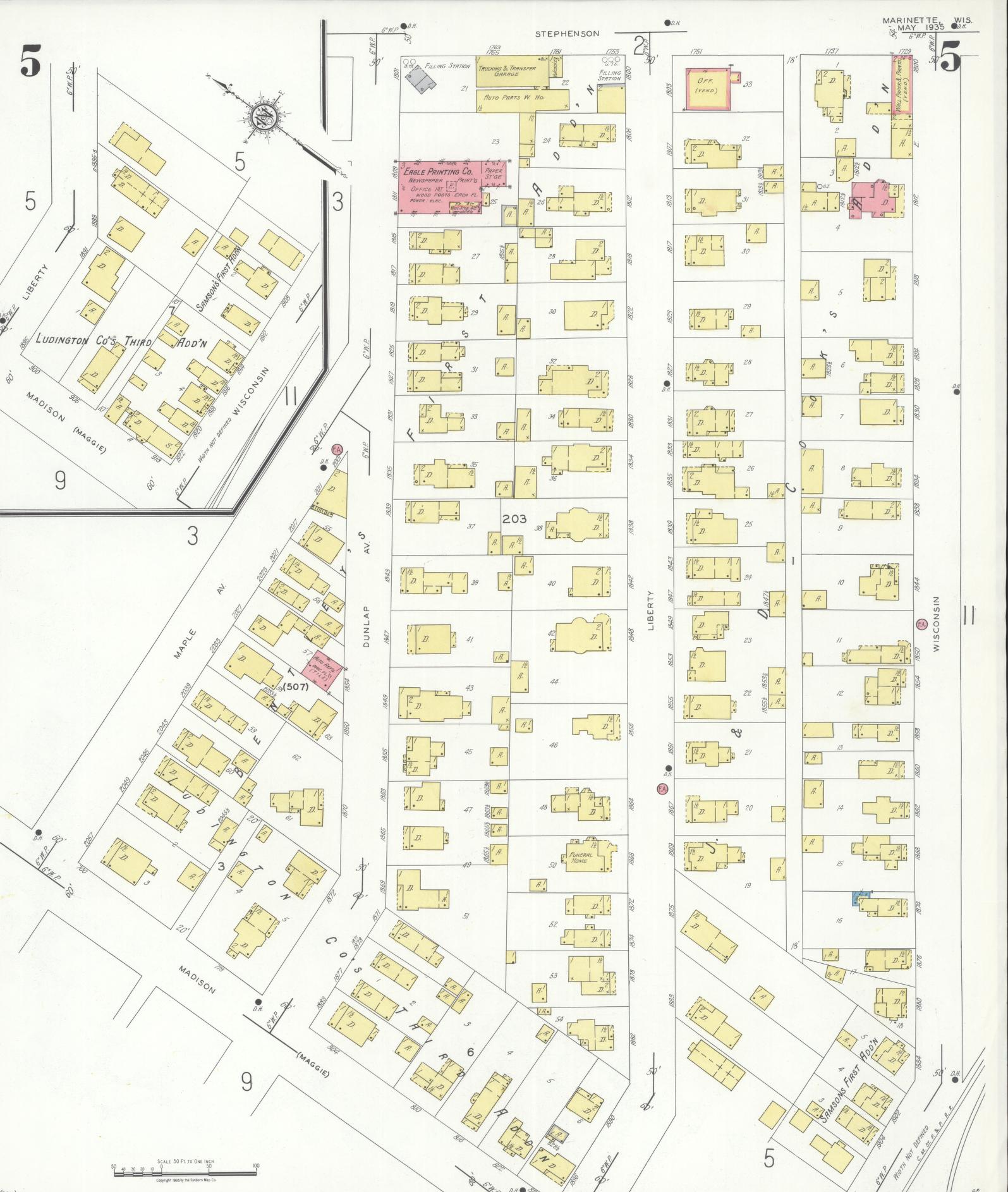Sanborn Fire Insurance Map from Marinette, Marinette County, Wisconsin (1935), Sheet #0005 - Historic Sanborn Fire Insurance Map Print, vintage old map wall art, antique decor, genealogy gift, Wisconsin Wisconsin map