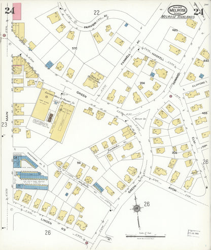 Sanborn Fire Insurance Map from Melrose, Middlesex County, Massachusetts (1923), Sheet #0024 - Historic Sanborn Fire Insurance Map Print, vintage old map wall art, antique decor, genealogy gift, Massachusetts Massachusetts map