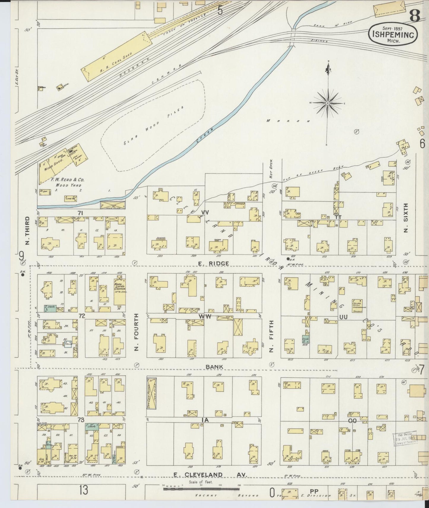 Sanborn Fire Insurance Map from Ishpeming, Marquette County, Michigan (1897), Sheet #0008 - Historic Sanborn Fire Insurance Map Print, vintage old map wall art, antique decor, genealogy gift, Michigan Michigan map