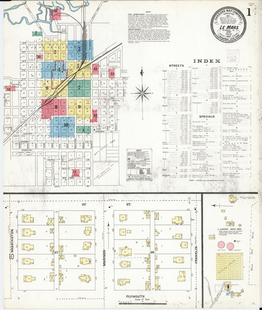 Sanborn Fire Insurance Map from Le Mars, Plymouth County, Iowa (1907), Sheet #0001 - Historic Sanborn Fire Insurance Map Print, vintage old map wall art