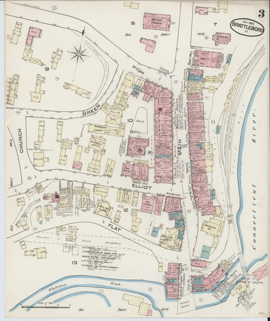 Sanborn Fire Insurance Map from Brattleboro, Windham County, Vermont (1885), Sheet #0003 - Historic Sanborn Fire Insurance Map Print, vintage old map wall art, antique decor, genealogy gift, Vermont Vermont map