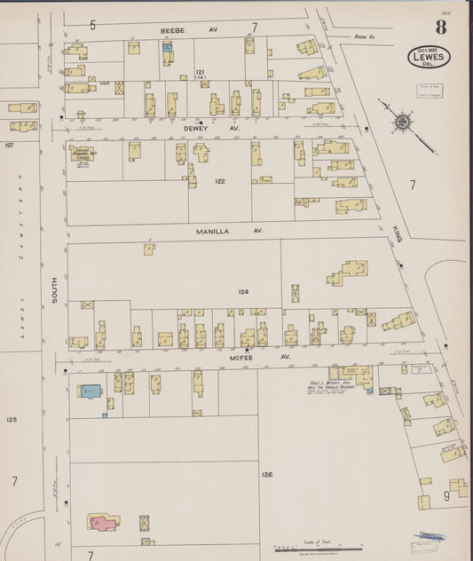 Sanborn Fire Insurance Map from Lewes, Sussex County, Delaware (1922), Sheet #0008 - Historic Sanborn Fire Insurance Map Print, vintage old map wall art, antique decor, genealogy gift, Delaware Delaware map