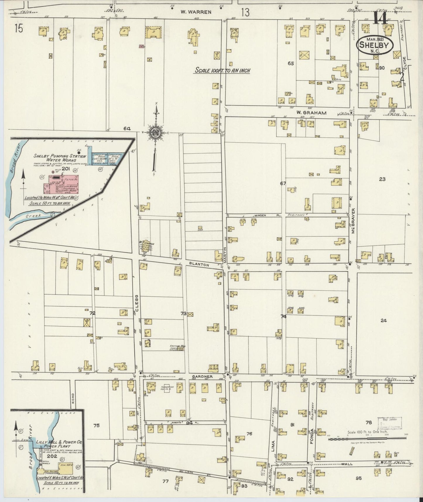 Sanborn Fire Insurance Map from Shelby, Cleveland County, North Carolina (1921), Sheet #0014 - Complete Map Set gallery image, historic Sanborn map, vintage wall art, North Carolina North Carolina