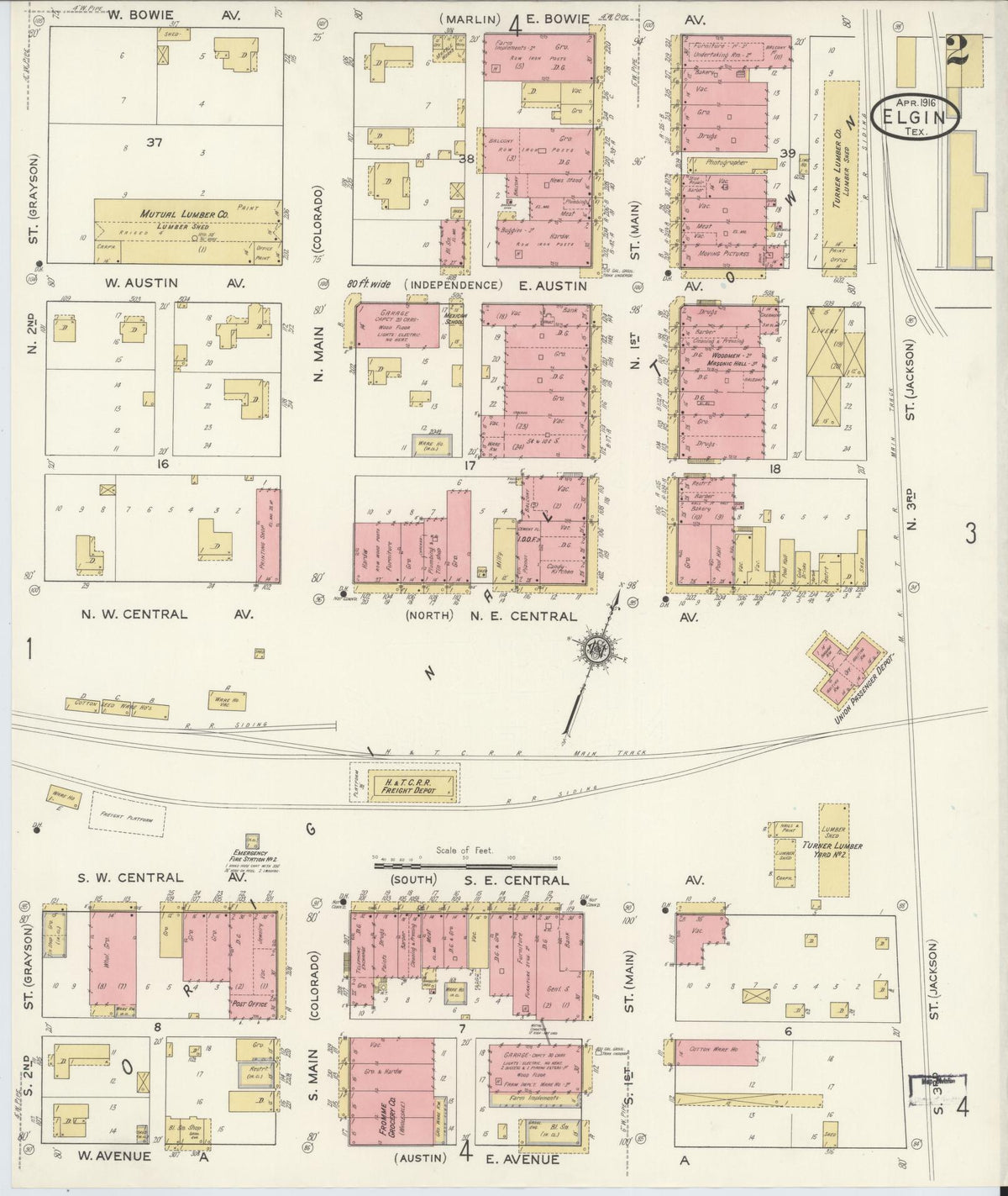 Sanborn Fire Insurance Map from Elgin, Bastrop County, Texas (1916), Sheet #0002 - Historic Sanborn Fire Insurance Map Print, vintage old map wall art, antique decor, genealogy gift, Texas Texas map