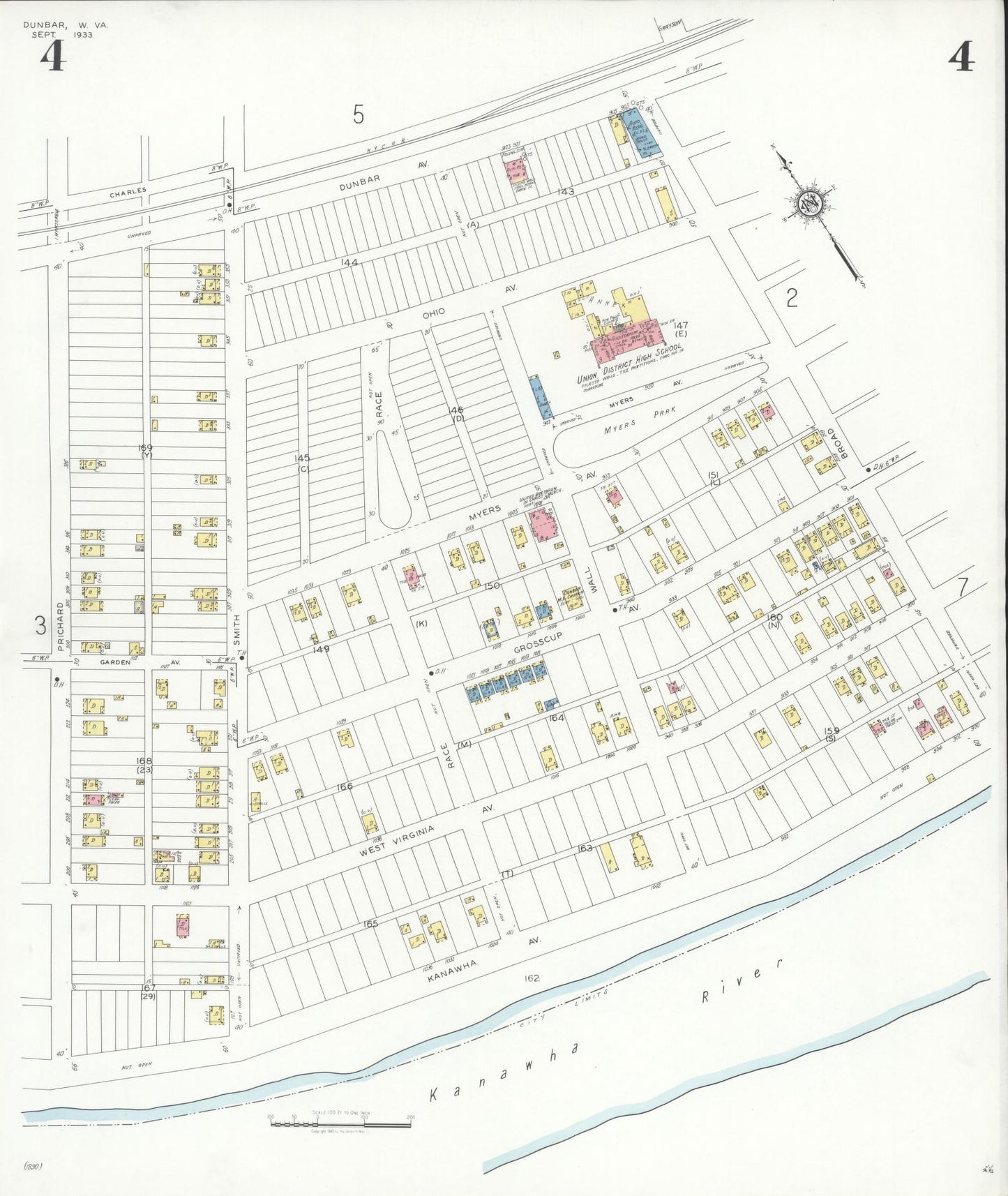 Sanborn Fire Insurance Map from Dunbar, Kanawha County, West Virginia (1933), Sheet #0004 - Historic Sanborn Fire Insurance Map Print, vintage old map wall art, antique decor, genealogy gift, West Virginia West Virginia map