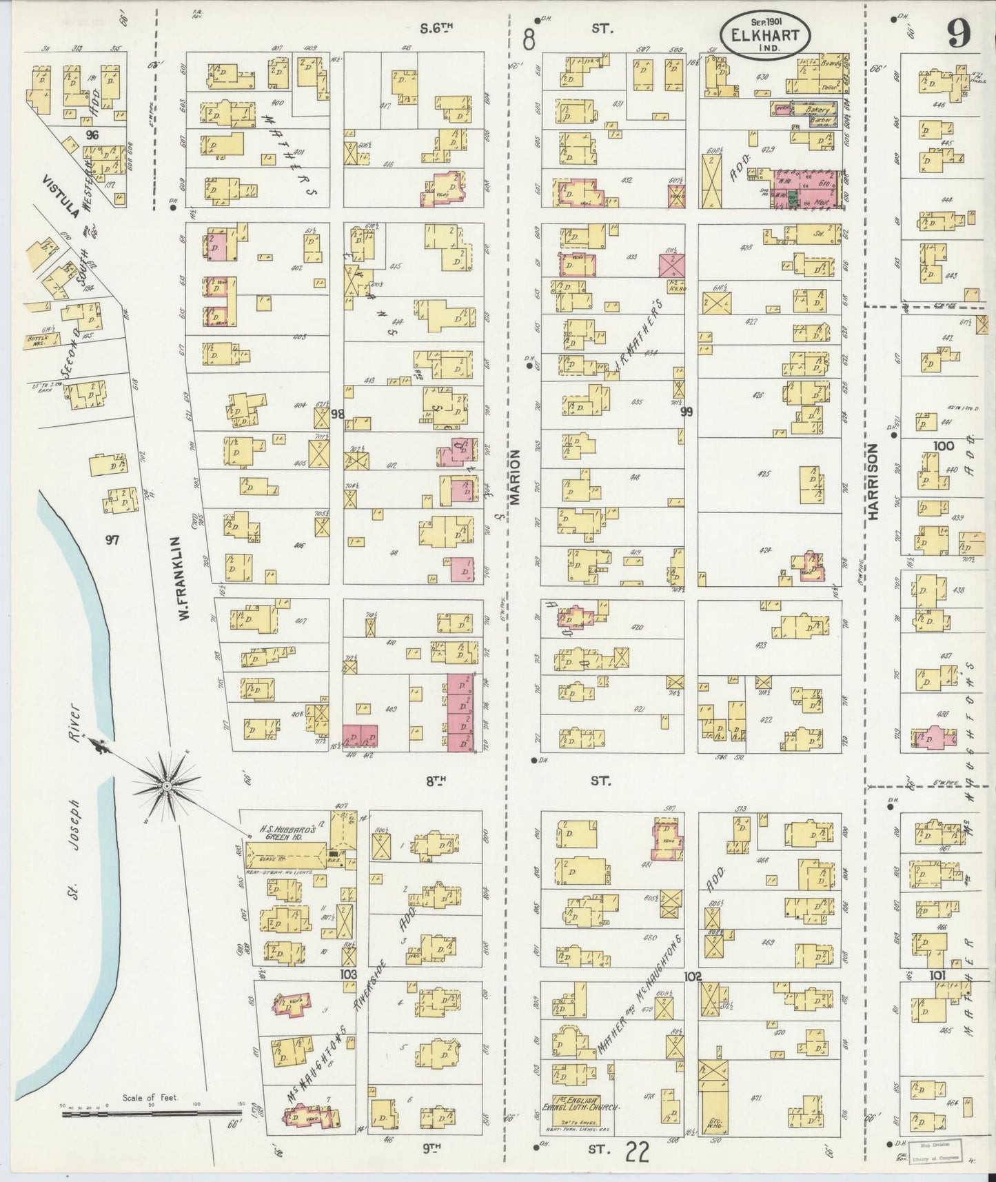 Sanborn Fire Insurance Map from Elkhart, Elkhart County, Indiana (1901), Sheet #0009 - Complete Map Set gallery image, historic Sanborn map, vintage wall art, Indiana Indiana