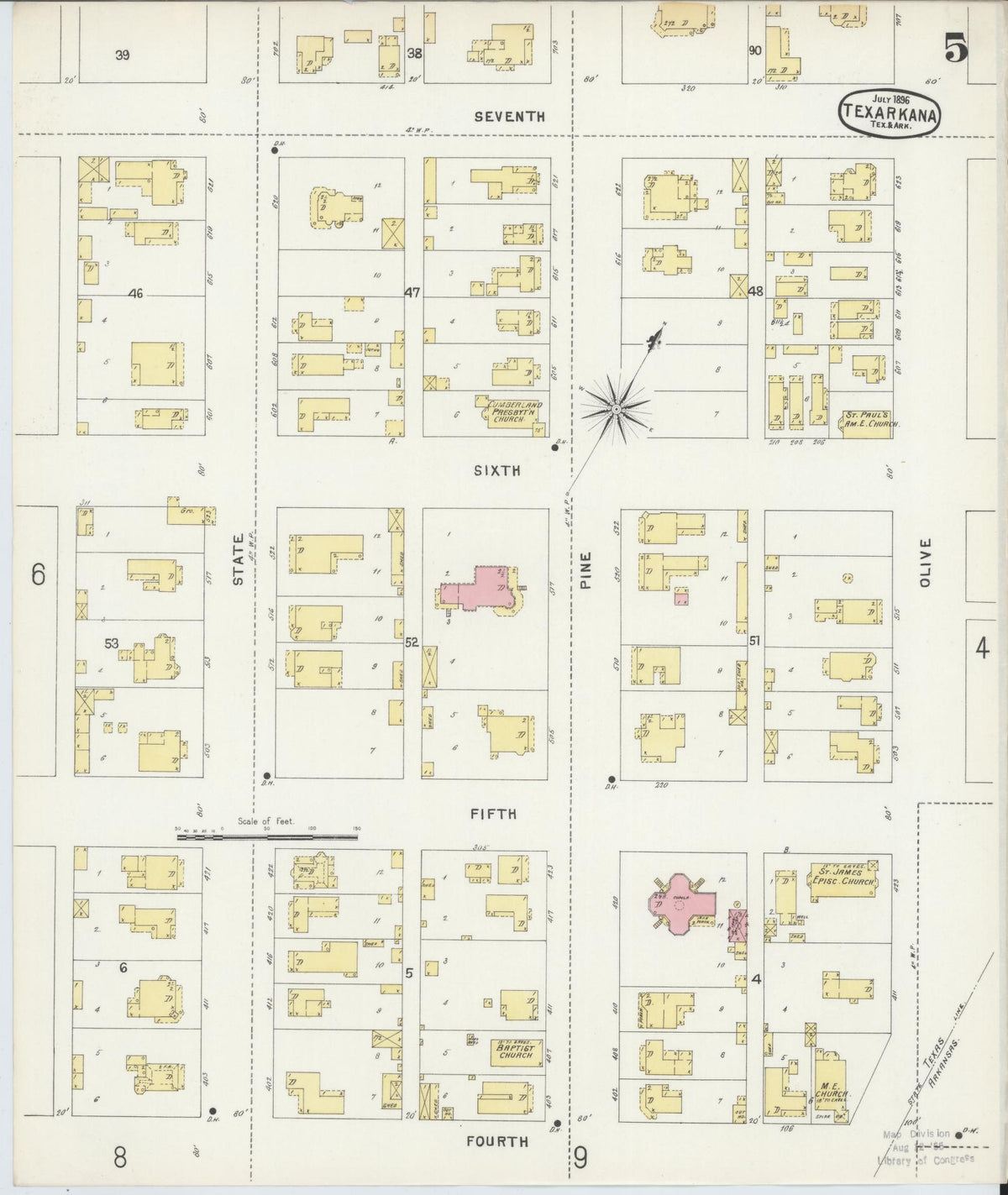 Sanborn Fire Insurance Map from Texarkana, Bowie County, Texas (1896), Sheet #0005 - Complete Map Set gallery image, historic Sanborn map, vintage wall art, Texas Texas